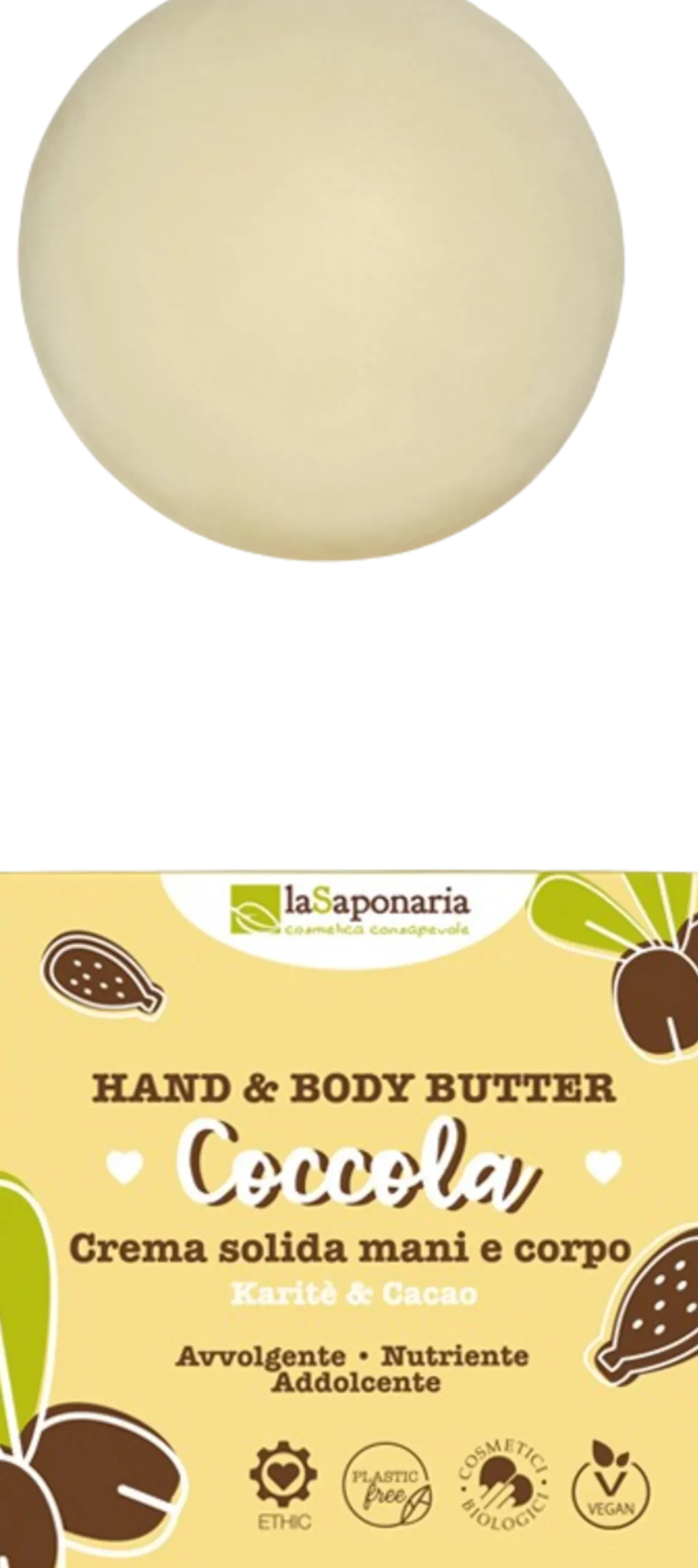 "Coccola" Crema Solida Mani e Corpo Karité & Cacao, 80 ml