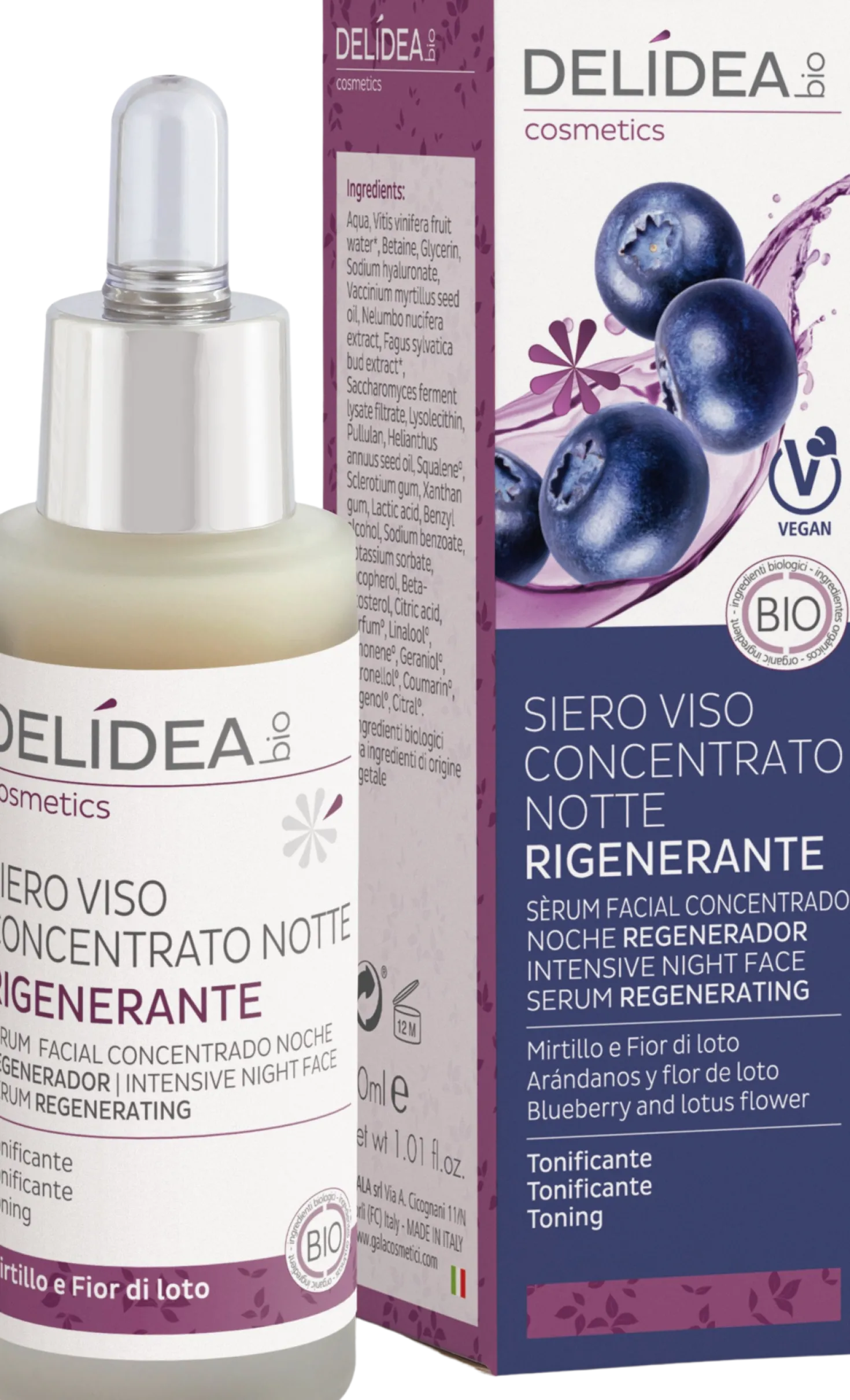 Siero Viso Notte Concentrato e Rigenerante Mirtillo & Fiore di Loto, 30 ml